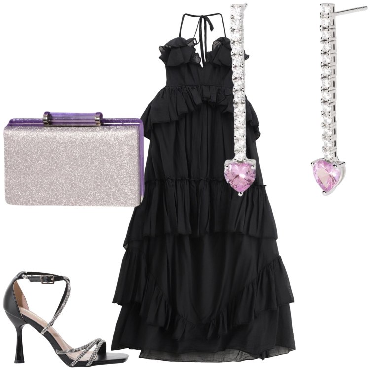 Outfit donna - Romantico aperitivo. Stile Chic per Serata fuori. Abbinamento con orecchini, pochette, sandali col tacco, vestiti lunghi.