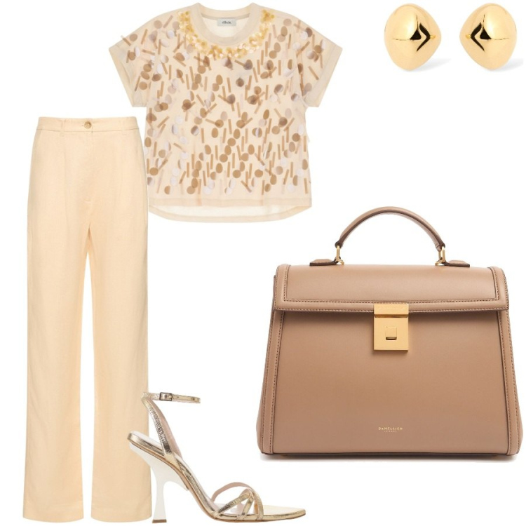 Outfit donna - Ton sur ton marrone chiaro. Stile Chic per Serata fuori. Abbinamento con t-shirt, sandali col tacco, pantaloni, borse a mano, orecchini.