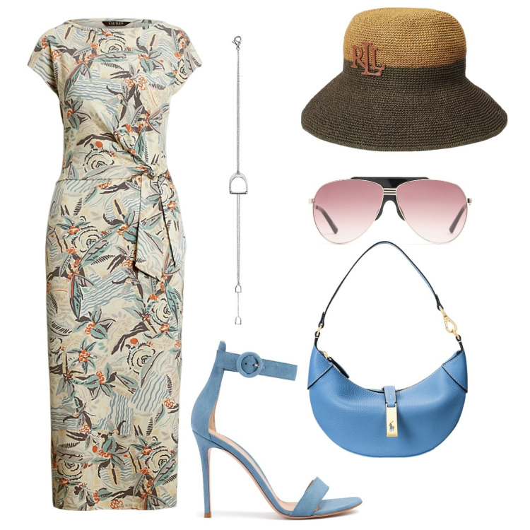 Outfit donna - Aperitivo al Lido. Stile Bon Ton per Serata fuori. Abbinamento con braccialetti, vestiti da spiaggia, cappelli, borse a spalla, occhiali da sole, sandali in pelle.