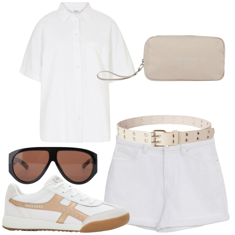 Outfit donna - Bianco e un tocco di beige. Stile Casual per Tutti i giorni. Abbinamento con camicie, sneakers, shorts, cinture, occhiali da sole, valigie.