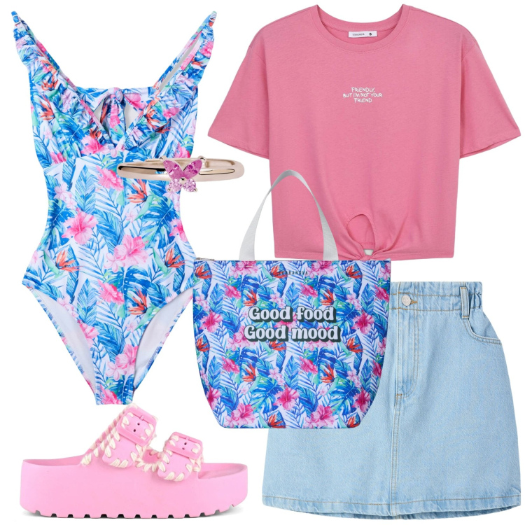 Outfit donna - Il costume colorato. Stile Basic per Mare. Abbinamento con costumi interi, minigonne, t-shirt, borse tote, anelli, ciabatte.