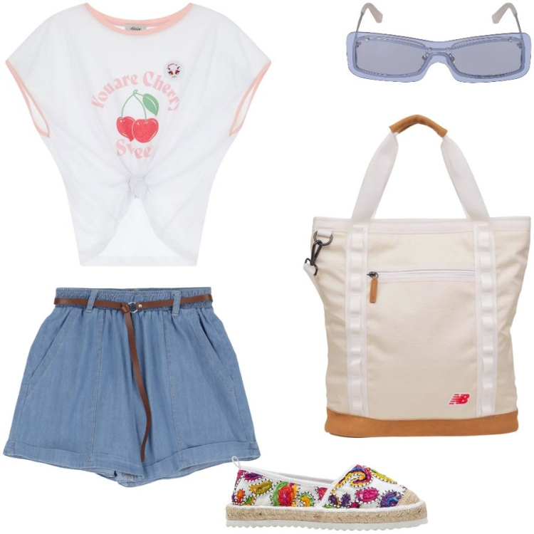 Outfit donna - Giornata calda. Stile Casual per Tutti i giorni. Abbinamento con espadrillas, shopping bag, shorts, t-shirt, occhiali da sole.