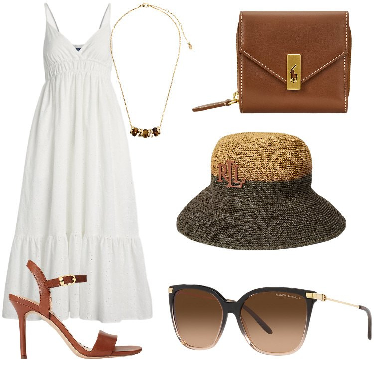 Outfit donna - RL forever. Stile Casual chic per Mare. Abbinamento con occhiali da sole, sandali in pelle, collane, portafogli, cappelli, vestiti senza maniche.