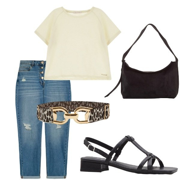 Outfit donna - Outifit di luglio. Stile Casual per Tutti i giorni. Abbinamento con borse a mano, sandali col tacco, cinture, t-shirt, jeans strappati.