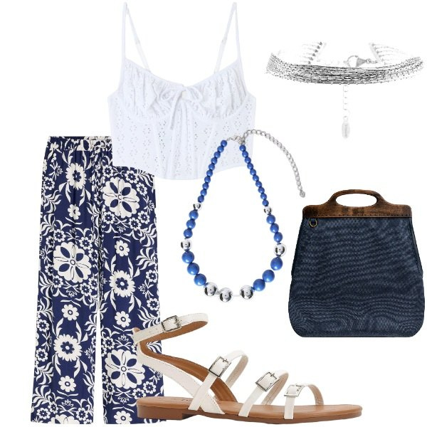 Outfit donna - Le serate di Luglio. Stile Casual chic per Tutti i giorni. Abbinamento con sandali, pantaloni, top, braccialetti, borse a tracolla, collane.
