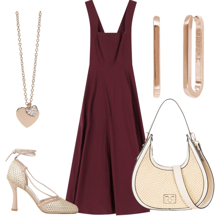 Outfit donna - Passeggiata. Stile Casual chic per Tutti i giorni. Abbinamento con borse a mano, orecchini, ciondoli, vestiti midi/longuette, décolleté.