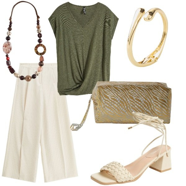 Outfit donna - Le serate di Luglio. Stile Casual chic per Tutti i giorni. Abbinamento con maglieria, braccialetti, sandali alla schiava, pochette, pantaloni a palazzo, collane.