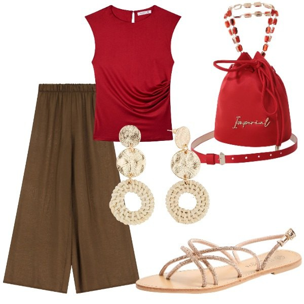 Outfit donna - Le serate di Luglio. Stile Casual chic per Serata fuori. Abbinamento con orecchini, t-shirt, sandali, borse a secchiello, pantaloni.