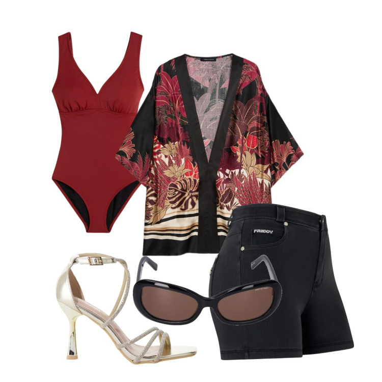 Outfit donna - Aperimare 2. Stile Trendy per Mare. Abbinamento con costumi interi, sandali col tacco, shorts, occhiali da sole, kimono.
