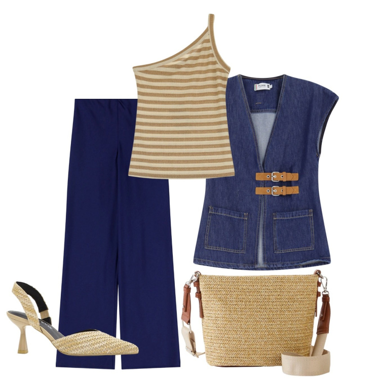 Outfit donna - Mare e terra. Stile Boho per Tutti i giorni. Abbinamento con borse a tracolla, décolleté, gilet, pantaloni, top.