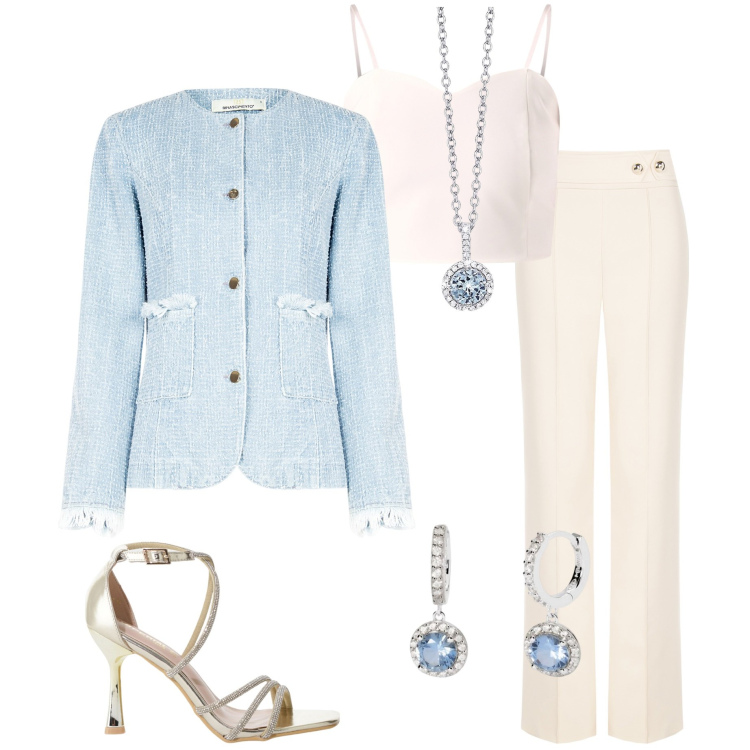 Outfit donna - Cerimonia. Stile Chic per Cerimonia. Abbinamento con canottiere, blazer, pantaloni, collane, orecchini, sandali col tacco.
