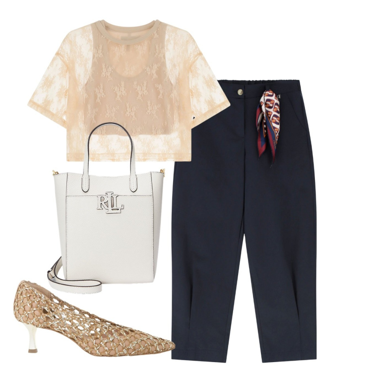 Outfit donna - Blu e sabbia. Stile Bon Ton per Serata fuori. Abbinamento con t-shirt, pantaloni chino, décolleté, borse tote.