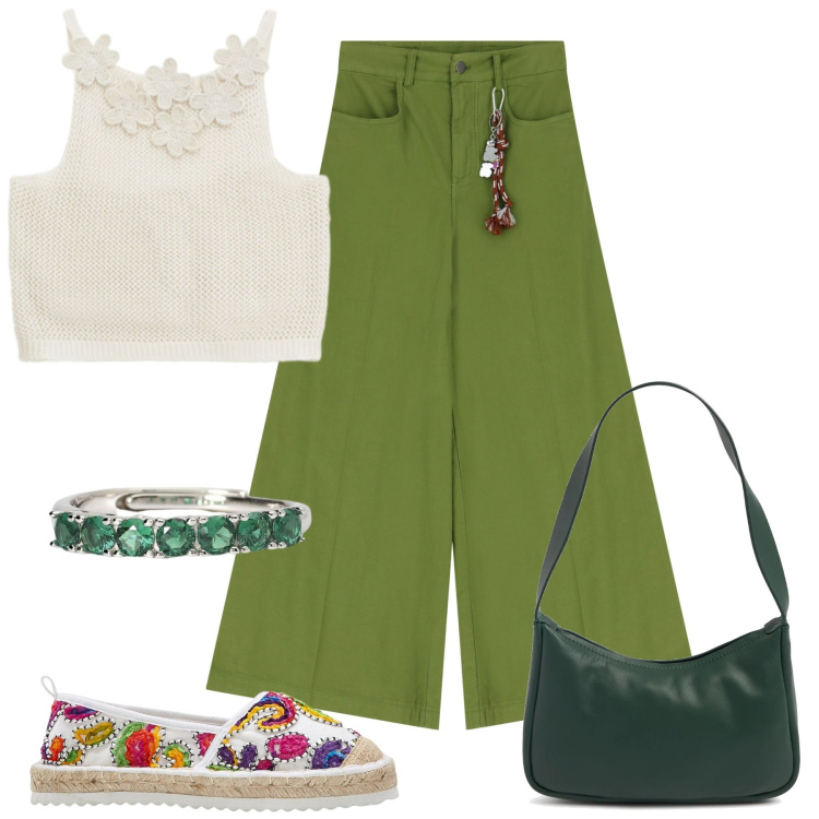 Outfit donna - Espadrillas per luglio. Stile Casual chic per Tutti i giorni. Abbinamento con espadrillas, anelli, top, pantaloni, borse a spalla.