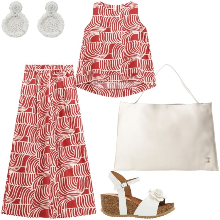 Outfit donna - Giorni lavorativi. Stile Casual chic per Ufficio. Abbinamento con sandali, pantaloni, top, borse a spalla, orecchini.