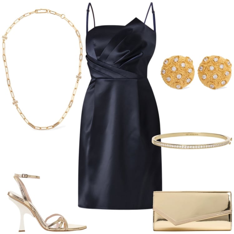 Outfit donna - Serata elegante. Stile Chic per Serata fuori. Abbinamento con braccialetti, vestiti corti, sandali col tacco, pochette, orecchini, collane.