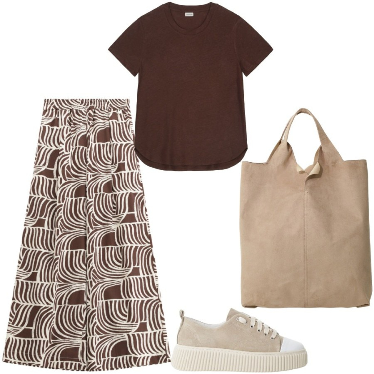 Outfit donna - Pomeriggi in città. Stile Casual per Tutti i giorni. Abbinamento con pantaloni, sneakers, shopping bag, t-shirt.