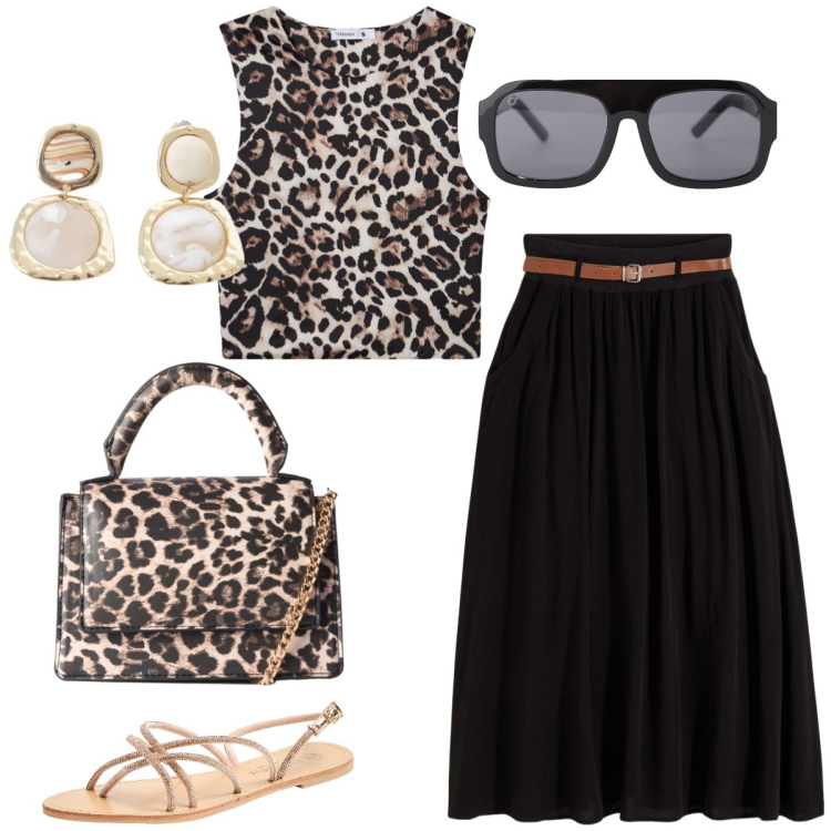 Outfit donna - In vacanza. Stile Casual chic per Tutti i giorni. Abbinamento con gonne lunghe, sandali, top, borse a tracolla, occhiali da sole, orecchini.