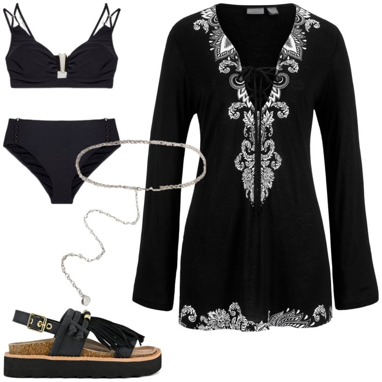 Outfit donna - Al mare. Stile Casual chic per Mare. Abbinamento con vestiti da spiaggia, bikini, sandali, cinture.