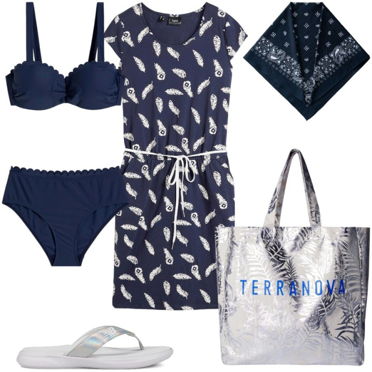 Outfit donna - Comfy woman. Stile Casual per Mare. Abbinamento con vestiti, bikini, borse tote, infradito, foulard.