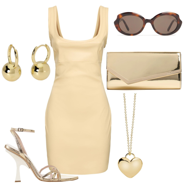 Outfit donna - Al ricevimento. Stile Glamour per Cerimonia. Abbinamento con collane, orecchini, sandali col tacco, pochette, vestiti, occhiali da sole.