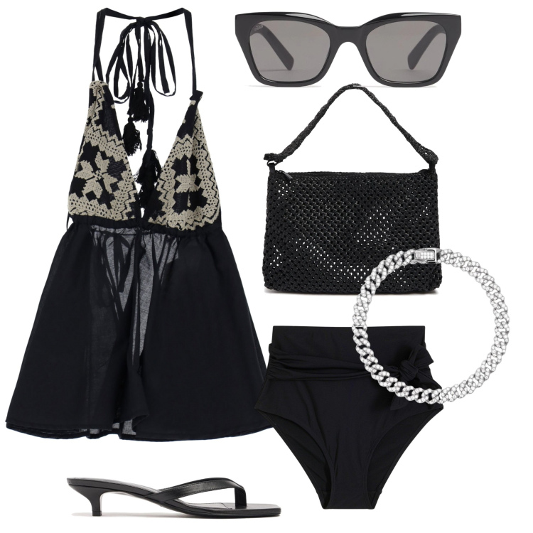 Outfit donna - L\'aperitivo al mare. Stile Chic per Mare. Abbinamento con culotte, braccialetti, top, borse a spalla, sandali in pelle, occhiali da sole.