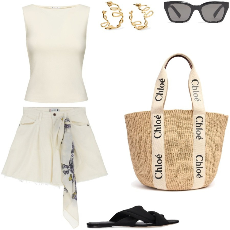 Outfit donna - Aperitivo in spiaggia. Stile Casual chic per Mare. Abbinamento con shorts, sandali col tacco, shopping bag, orecchini, top, occhiali da sole.