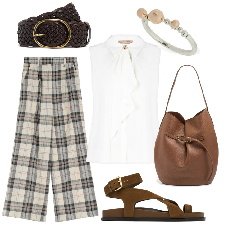 Outfit donna - Bon ton. Stile Bon Ton per Tutti i giorni. Abbinamento con top, pantaloni, sandali in pelle, anelli, borse a secchiello, cinture.
