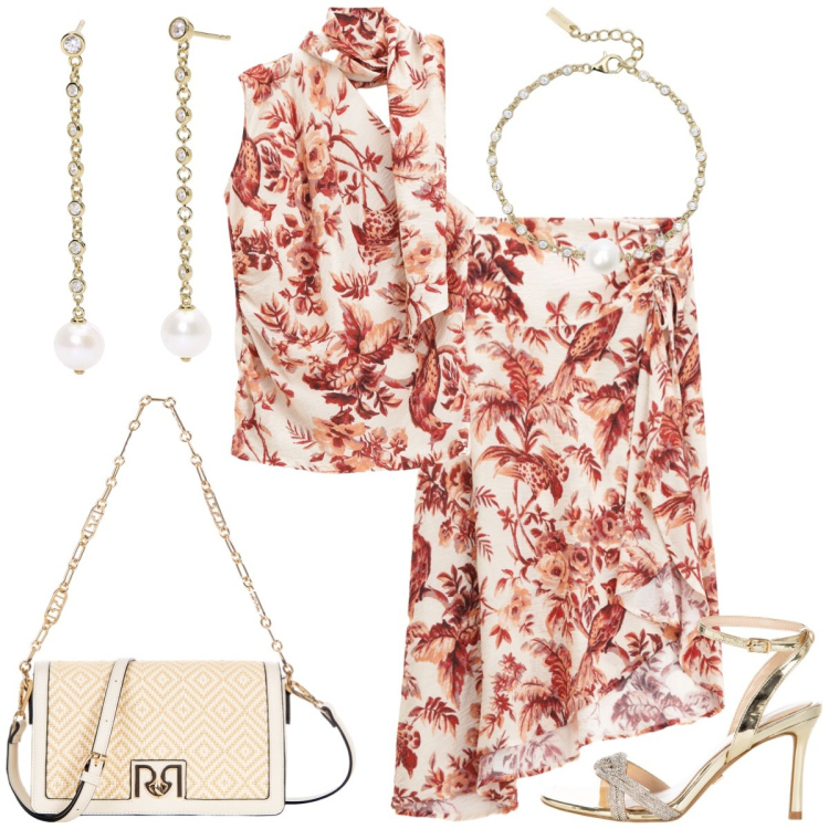 Outfit donna - Cerimonia. Stile Chic per Cerimonia. Abbinamento con orecchini, braccialetti, sandali col tacco, borse a tracolla, top, gonne.