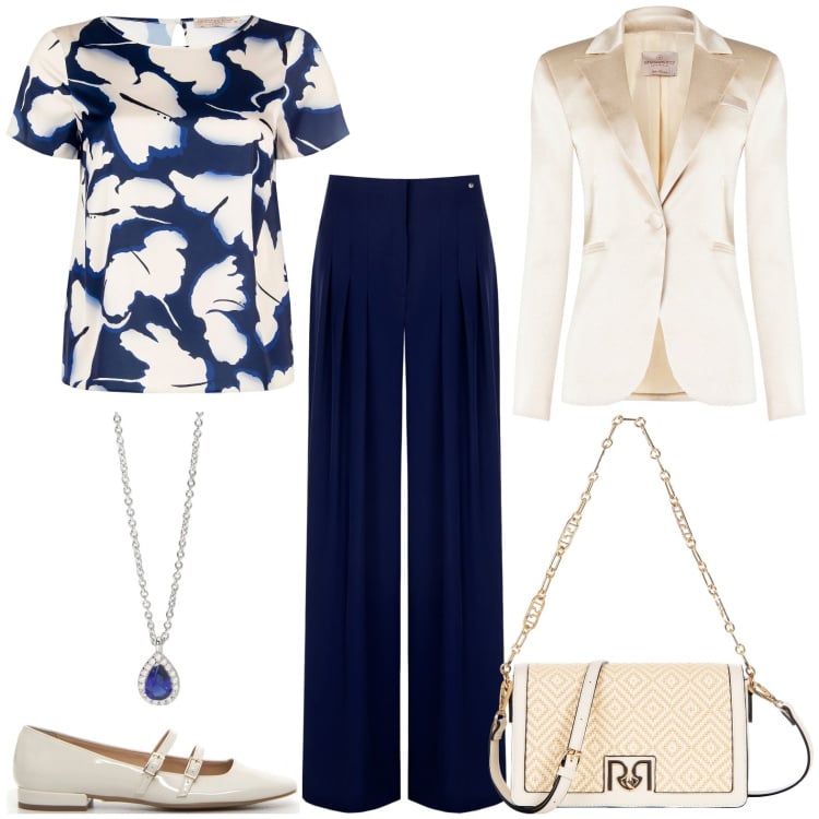 Outfit donna - Satin double b blue and beige. Stile Chic per Cerimonia. Abbinamento con bluse, borse a tracolla, pantaloni a palazzo, blazer, collane, décolleté.