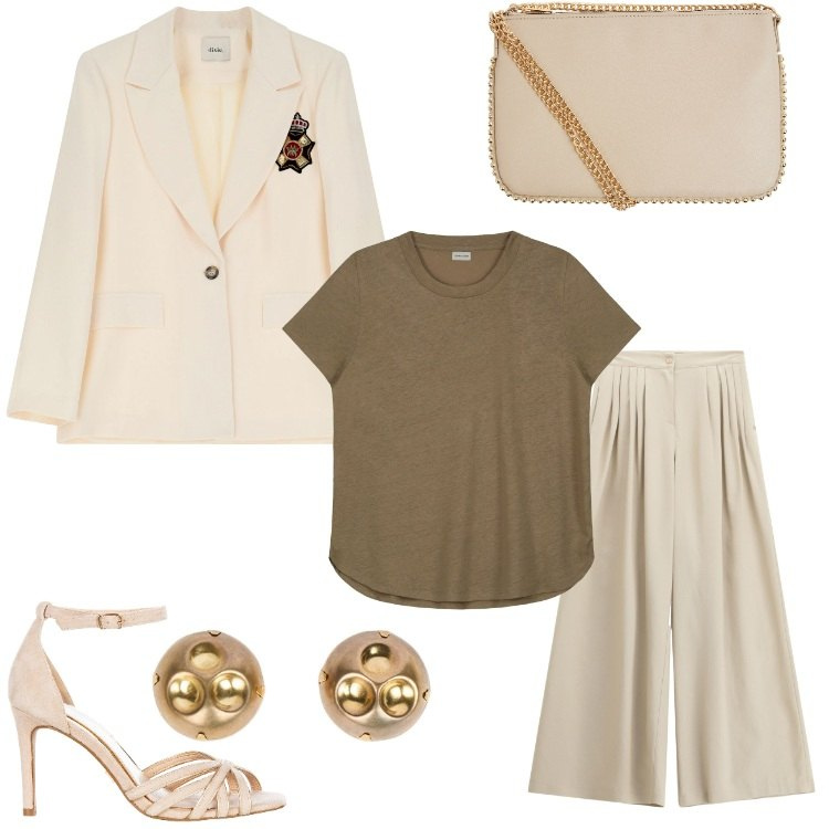 Outfit donna - In ufficio. Stile Military per Ufficio. Abbinamento con borse a tracolla, sandali col tacco, pantaloni a palazzo, blazer, t-shirt, orecchini.
