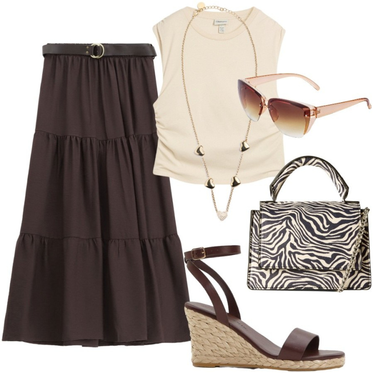 Outfit donna - Passeggiata in città. Stile Casual chic per Tutti i giorni. Abbinamento con occhiali da sole, sandali, top, borse a tracolla, gonne lunghe, collane.