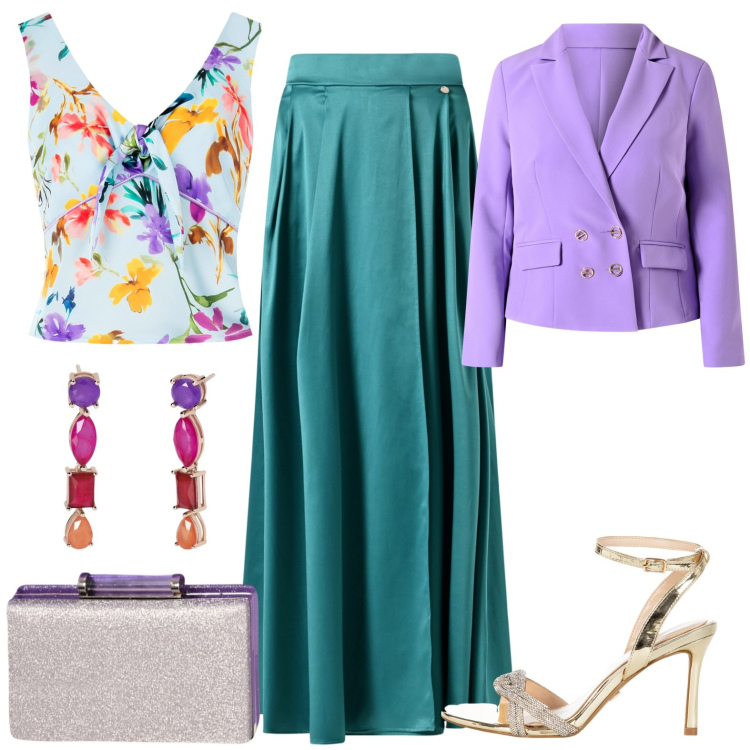 Outfit donna - Violet meet other colours. Stile Chic per Cerimonia. Abbinamento con gonne lunghe, top, blazer, sandali col tacco, pochette, orecchini.