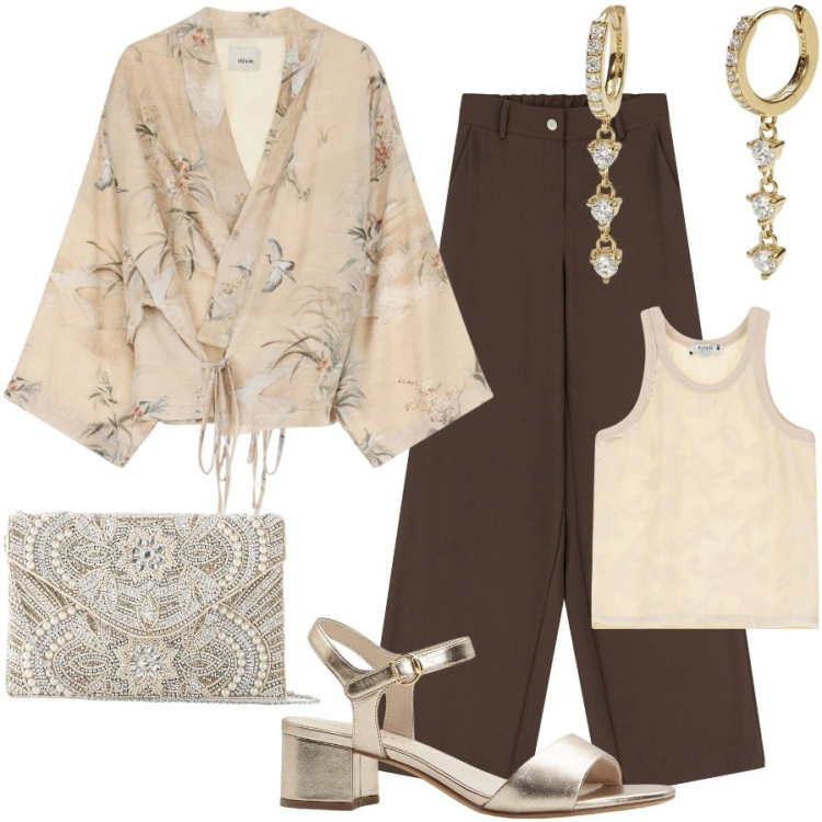 Outfit donna - Outfit orientaleggiante. Stile Chic per Serata fuori. Abbinamento con pochette, sandali col tacco, orecchini, top, pantaloni a palazzo, trench.