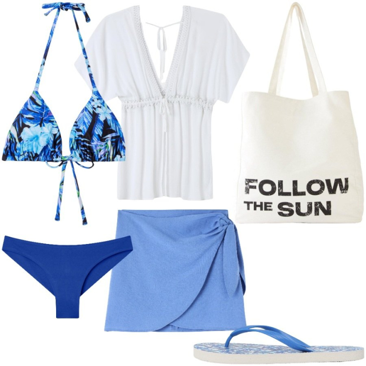 Outfit donna - Il mare di luglio. Stile Casual per Mare. Abbinamento con shopping bag, vestiti da spiaggia, infradito, bikini, caftani, bikini.