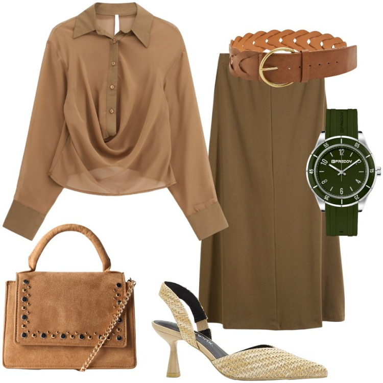 Outfit donna - In ufficio. Stile Casual chic per Ufficio. Abbinamento con décolleté, gonne longuette, cinture, borse a tracolla, camicie, orologi.