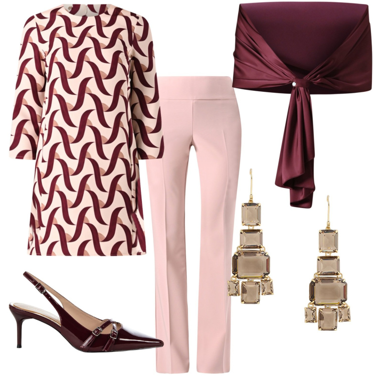 Outfit donna - Bordeaux and pink. Stile Glamour per Cerimonia. Abbinamento con scialli, décolleté, vestiti, pantaloni, orecchini.