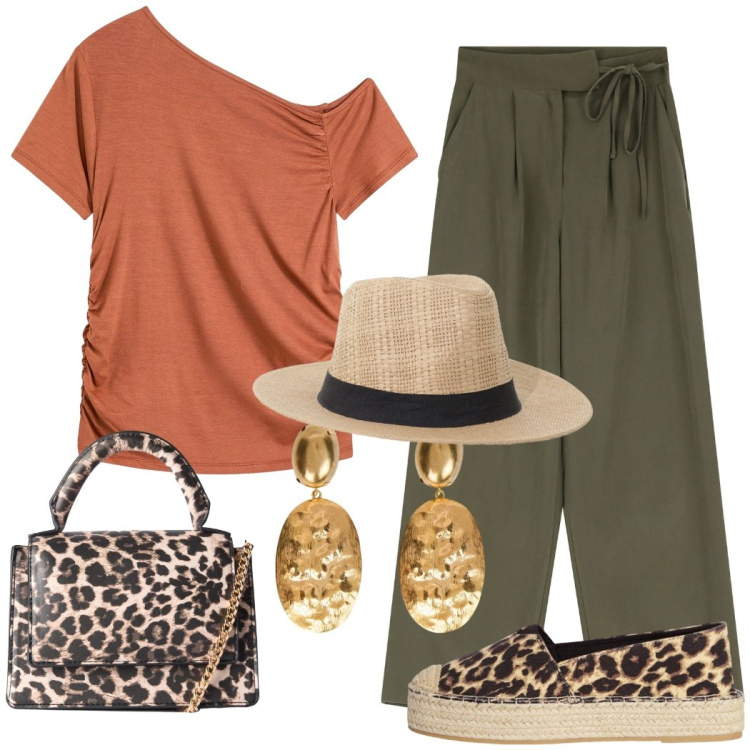 Outfit donna - Animalier in città. Stile Casual chic per Tutti i giorni. Abbinamento con bluse, espadrillas, borse a tracolla, cappelli, pantaloni, orecchini.