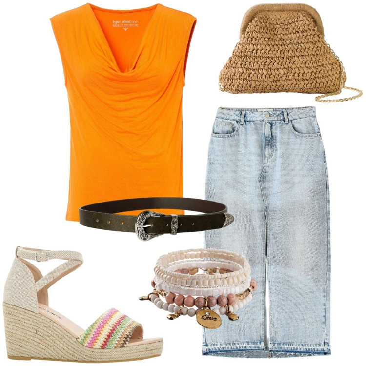 Outfit donna - Total look #2207452. Stile Casual per Tutti i giorni. Abbinamento con borse a tracolla, braccialetti, top, sandali, cinture, gonne lunghe.