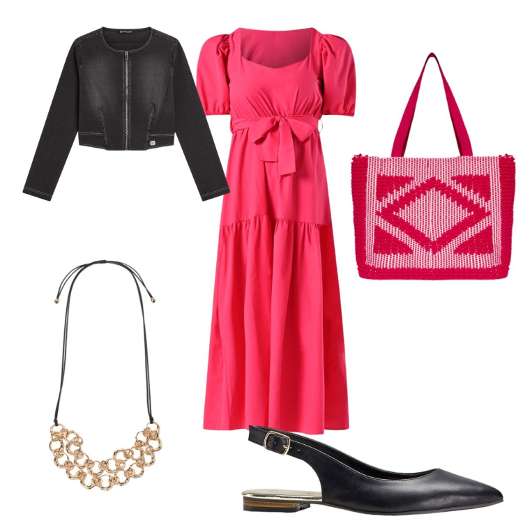 Outfit donna - Una passeggiata al centro. Stile Casual per Tutti i giorni. Abbinamento con ballerine, vestiti lunghi, blazer, borse a mano, collane.