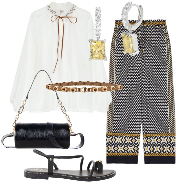 Outfit donna - Boho chic per l\' aperitivo. Stile Boho per Serata fuori. Abbinamento con borse a mano, cinture, orecchini, bluse, sandali, pantaloni.