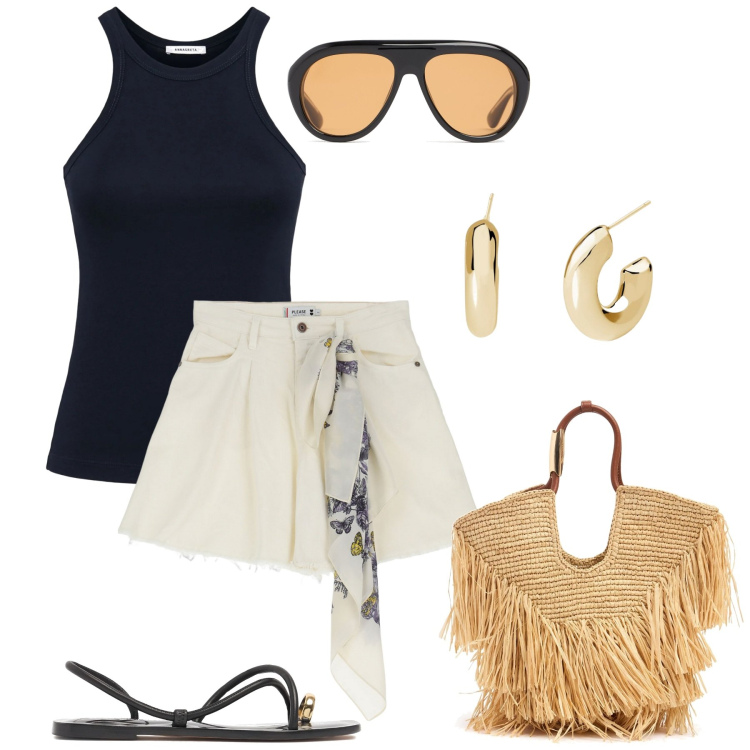 Outfit donna - Vamos a la playa. Stile Casual chic per Tutti i giorni. Abbinamento con orecchini, shorts, occhiali da sole, sandali in pelle, borse tote, canottiere.