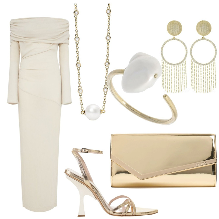 Outfit donna - Io & Matthias. Stile Trendy per Cerimonia. Abbinamento con collane, sandali col tacco, vestiti midi/longuette, orecchini, pochette, anelli.