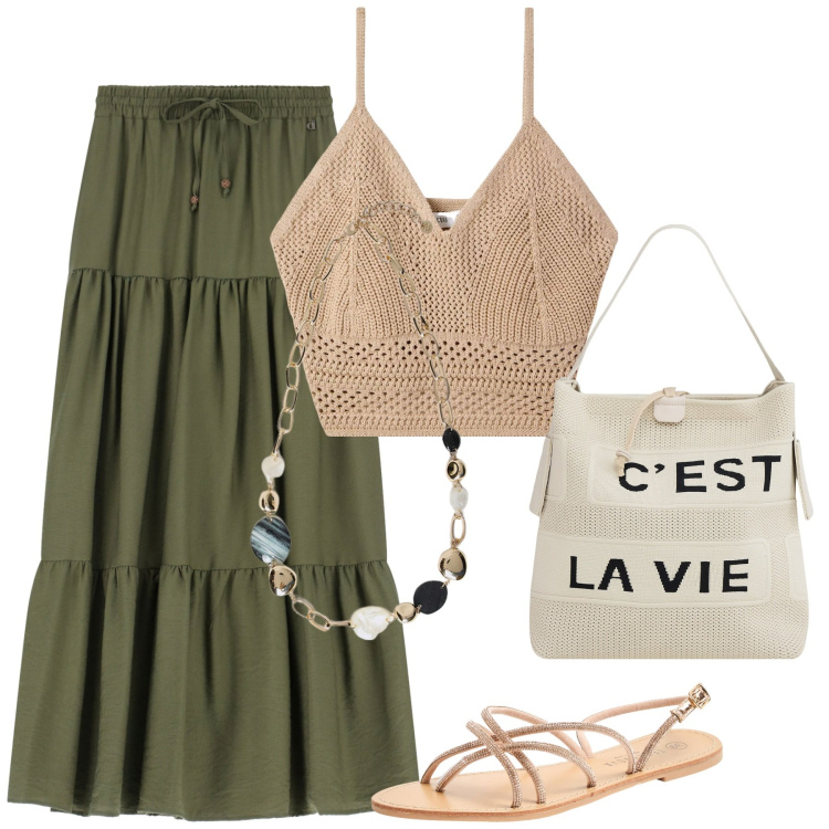 Outfit donna - Estate in città. Stile Casual chic per Tutti i giorni. Abbinamento con sandali, top, borse a mano, gonne lunghe, collane.
