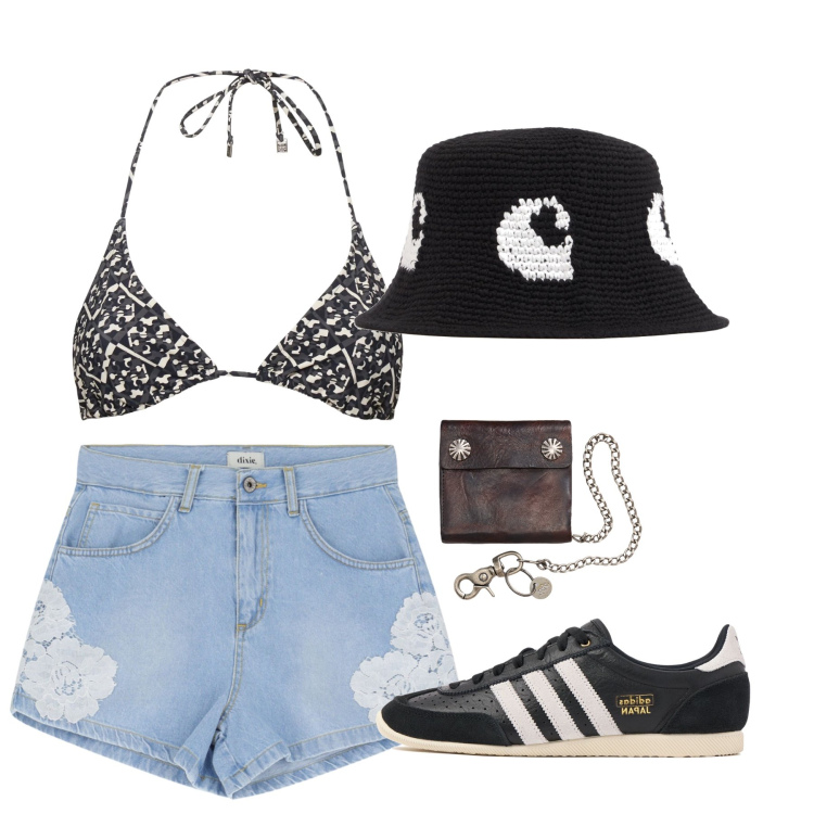 Outfit donna - Trendy al mare. Stile Glamour per Mare. Abbinamento con shorts, portafogli, sneakers, cappelli, bikini.