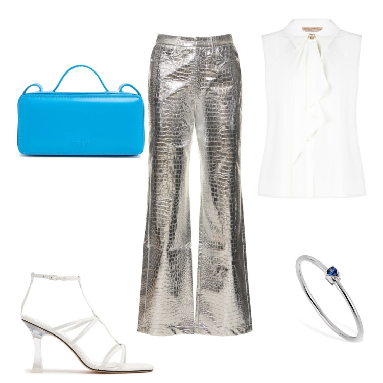Outfit donna - Serata curvy. Stile Glamour per Serata fuori. Abbinamento con top, pantaloni, anelli, sandali in pelle, borse a spalla.