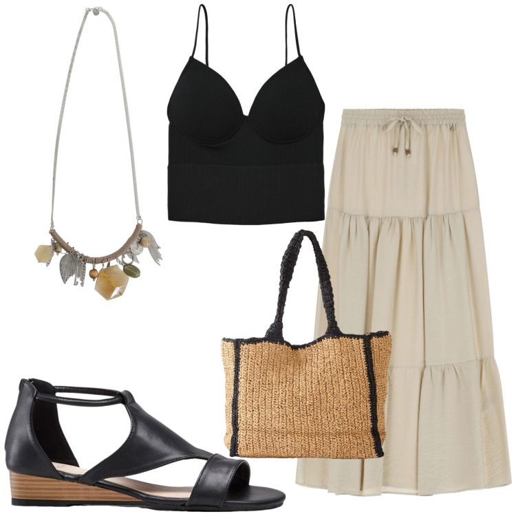 Outfit donna - Total look #2207468. Stile Casual per Tutti i giorni. Abbinamento con sandali, shopping bag, top, gonne lunghe, collane.