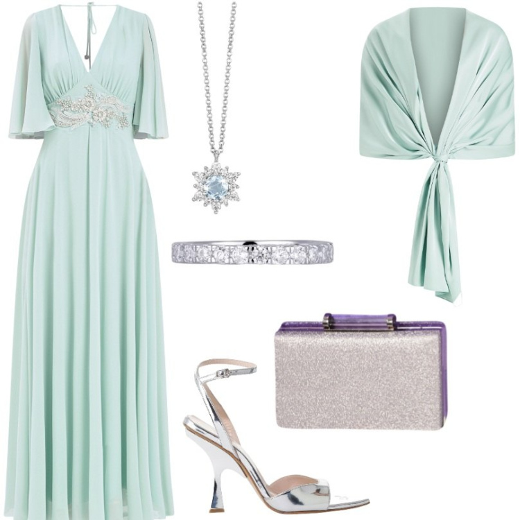 Outfit donna - Abito e stola verde salvia. Stile Chic per Cerimonia. Abbinamento con décolleté, anelli, collane, vestiti, pochette, stole.