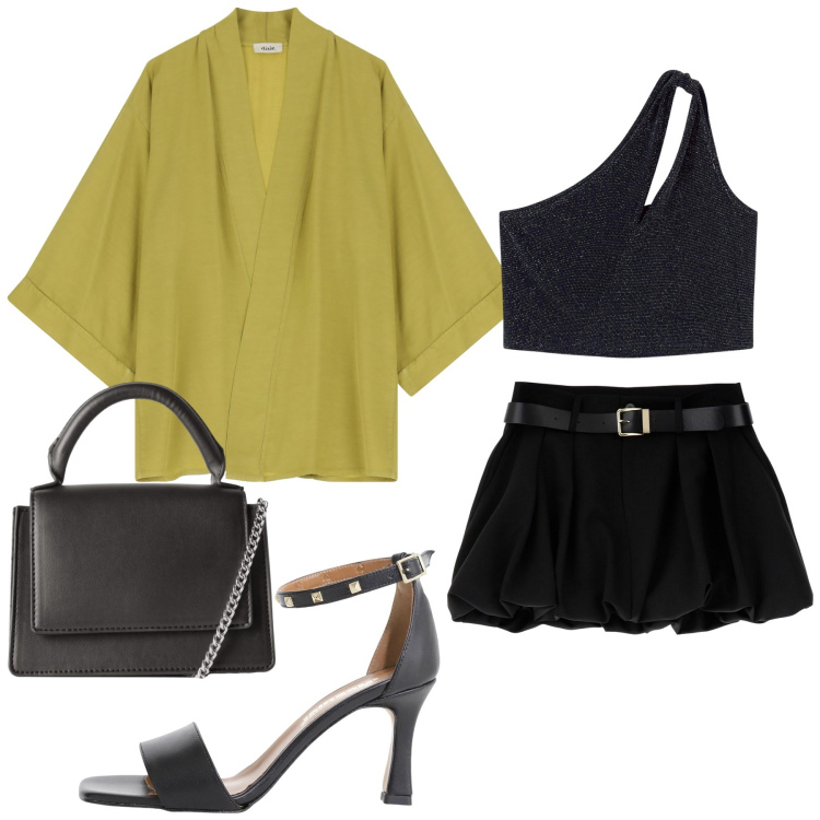 Outfit donna - Total look #2207474. Stile Glamour per Serata fuori. Abbinamento con top, borse a tracolla, minigonne, sandali col tacco, blazer.