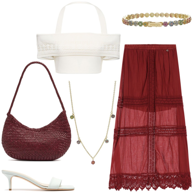 Outfit donna - In vacanza. Stile Boho per Tutti i giorni. Abbinamento con braccialetti, ciondoli, gonne lunghe, borse a spalla, pantofole, top.