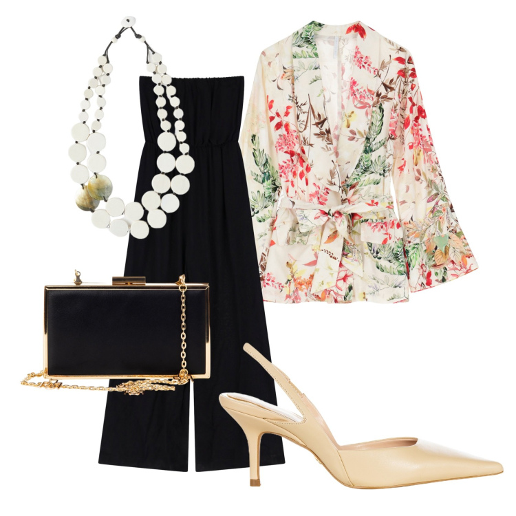 Outfit donna - Kimono elegante. Stile Glamour per Serata fuori. Abbinamento con pochette, décolleté, blazer, tute, ciondoli.